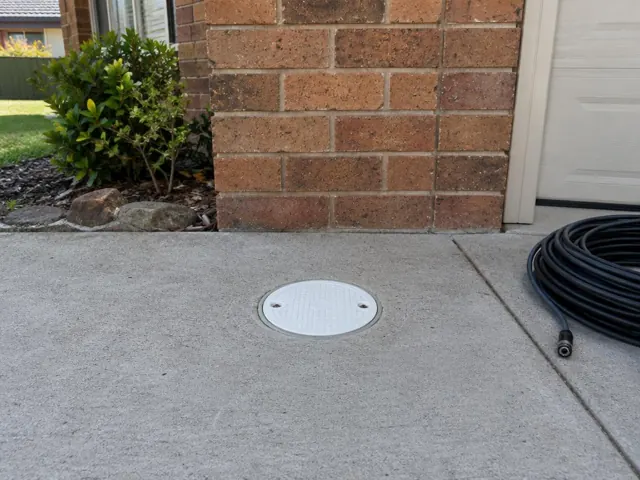 Capped drain inspection opening on a concrete driveway beside a brick wall and coiled drain camera reel in St Marys