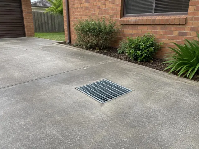 Concrete driveway with a seated stormwater grate beside a brick house and shrubs in St Clair